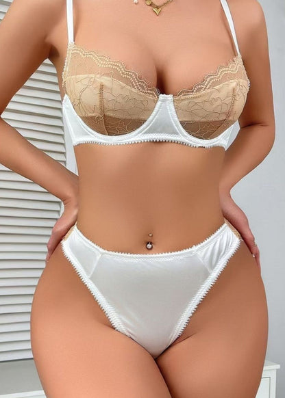 Luxe Sheer Lace Lingerie Set – White with Nude Contrast
