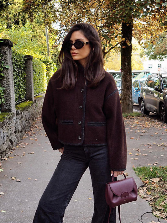 Retro Fall Winter Long Stand Single-breasted Loose Elegant Office Lady Coat