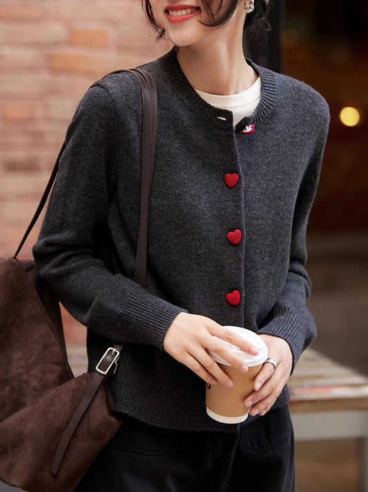 Raya Elegant Crew Neck Heart Button Knitted Cardigan-Navy Blue