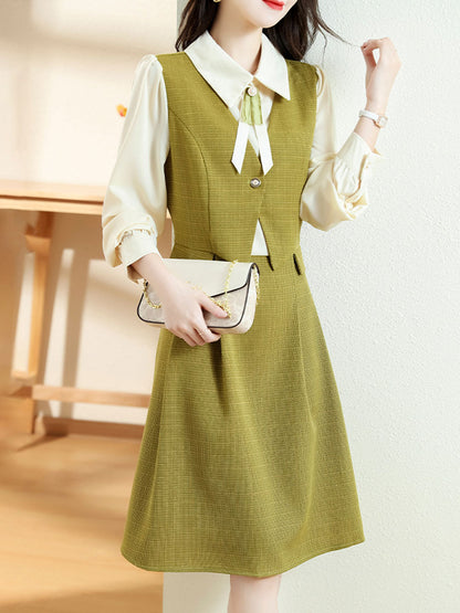Taylor Elegant Color Blocked Bow Tie Shirt Dress