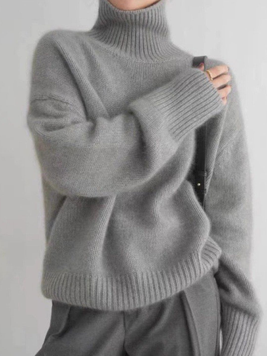 Mia Loose Turtleneck Solid Color Knitted Sweater-Gray