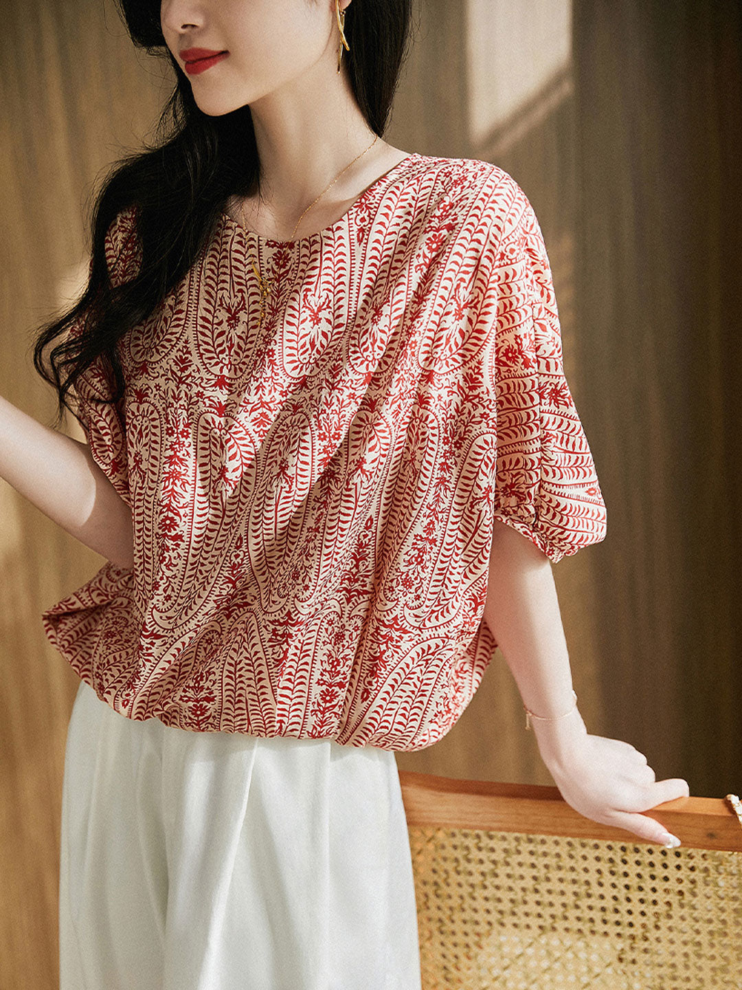 Maya Casual Back Bow Printed Blouse-Green