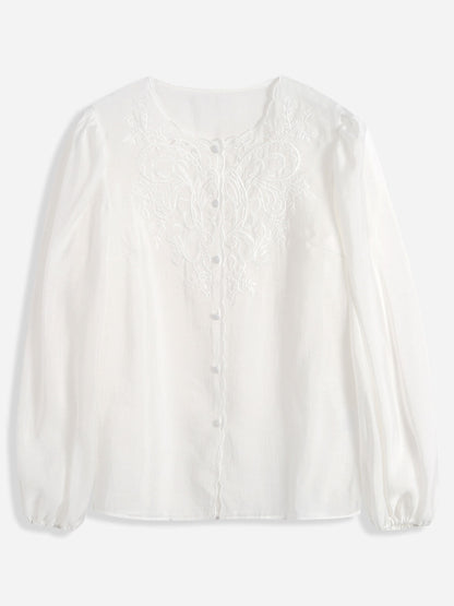Jocelyn Elegant Embroidered Lantern Sleeve Shirt-Khaki