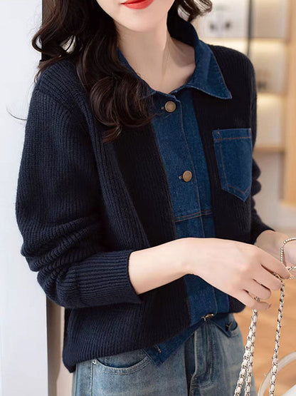 Eva Casual Lapel Patchwork Knitted Cardigan-Navy Blue