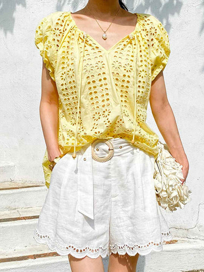 Zoe Vacation V-Neck Hollowed Embroidered Top