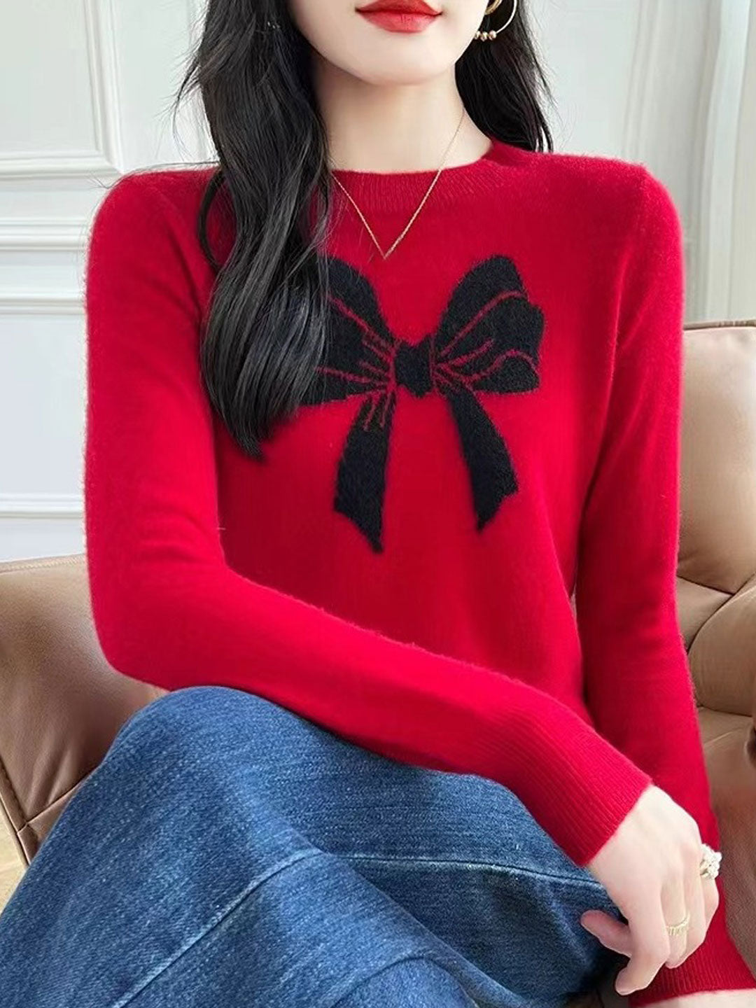 Charlotte Loose Crew Neck Bow Jacquard Knitted Top-Red