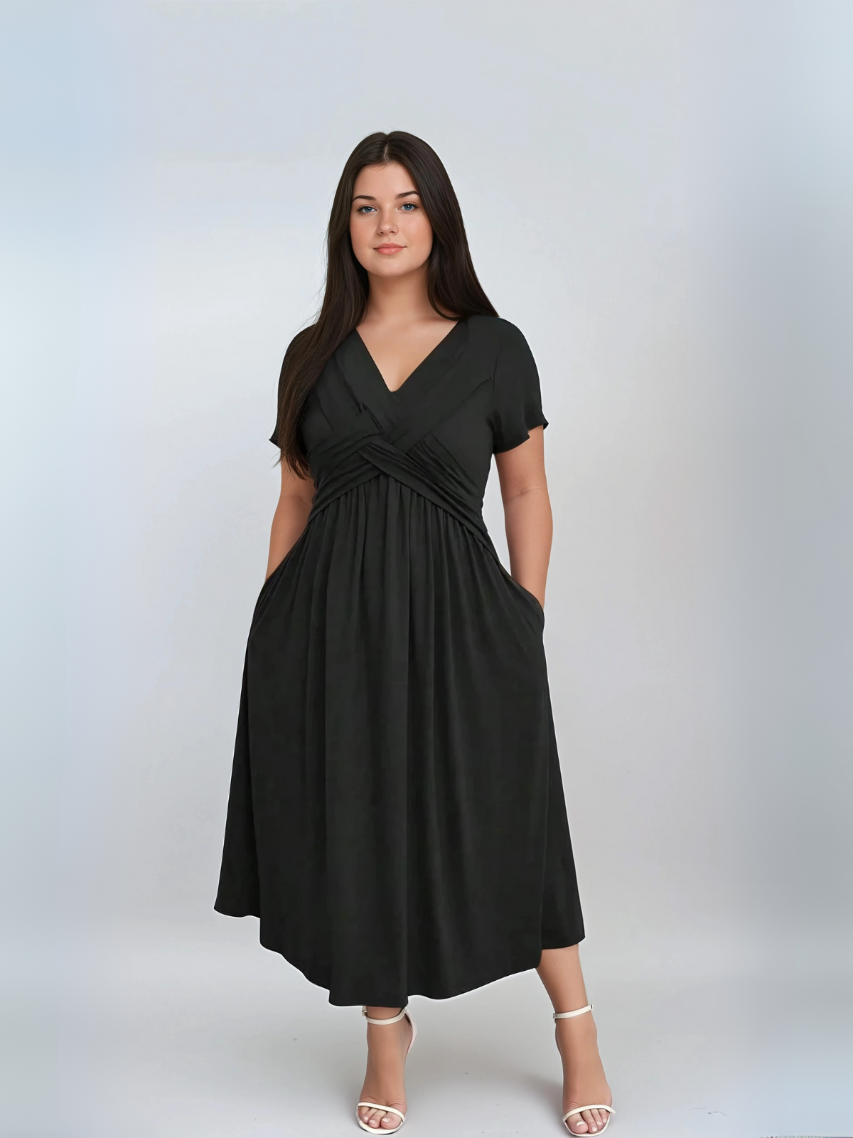 Plus Size V Neck Sundress With Pockets Cinched Waist