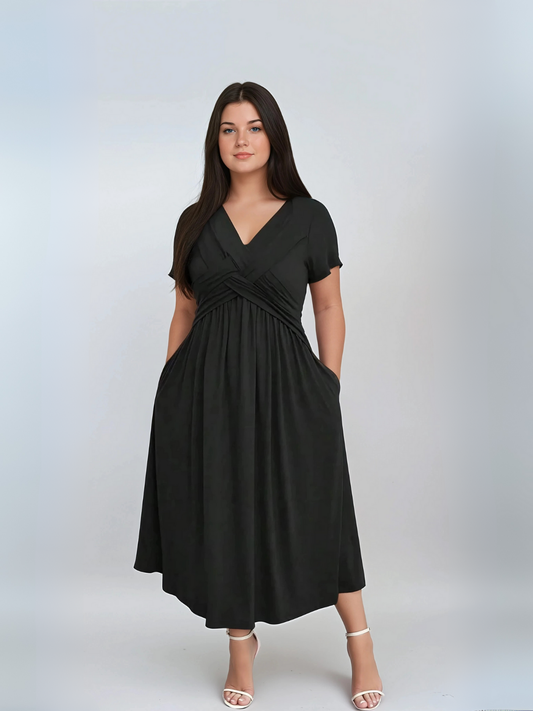Plus Size V Neck Sundress With Pockets Cinched Waist