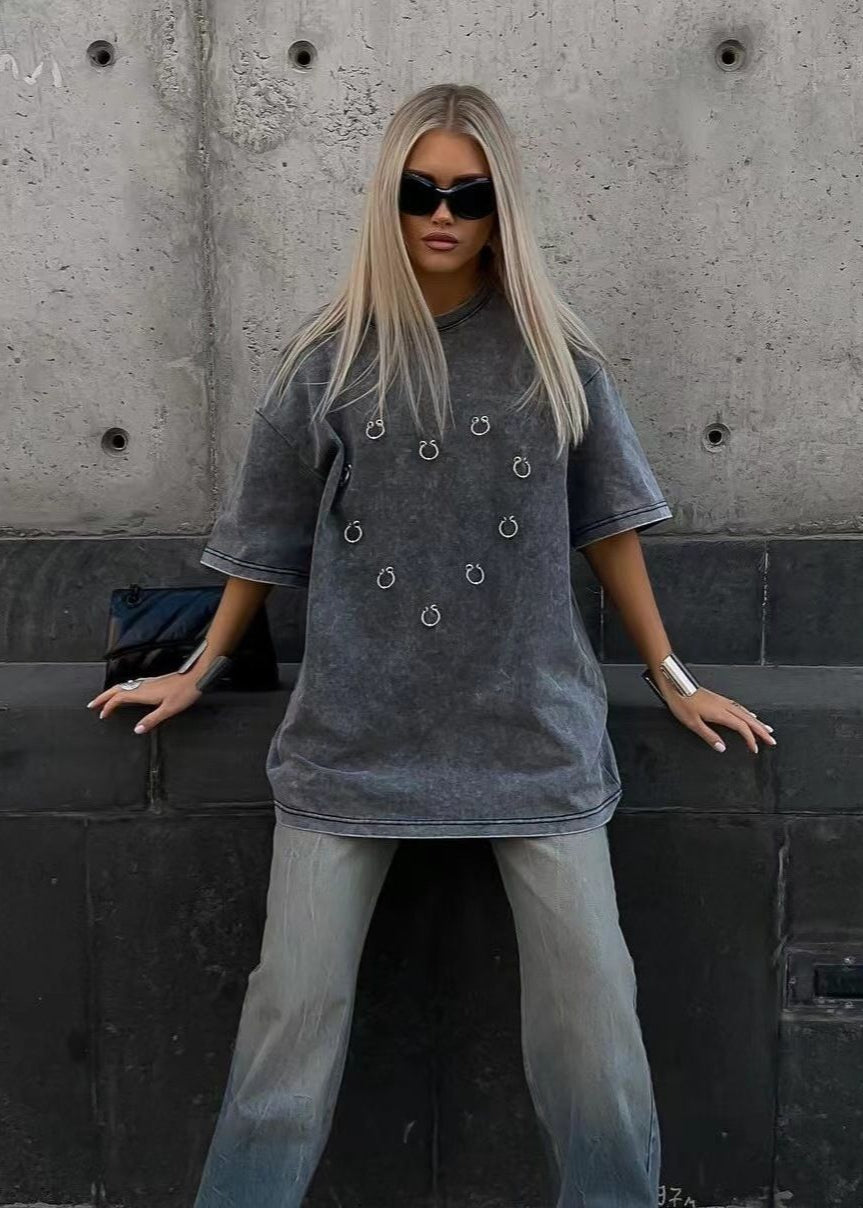 Shadow Pierced Oversized Tee – Washed Black Street Statement