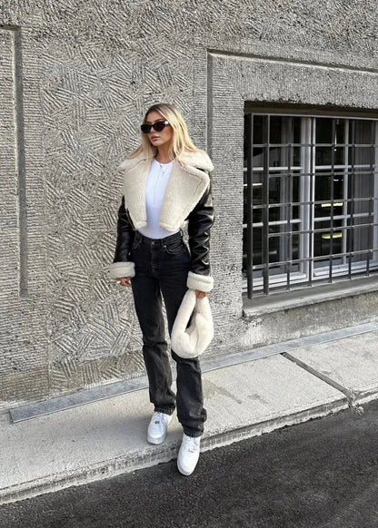 Luxe Sherpa Trim Leather Jacket - Short ZippeRed Style