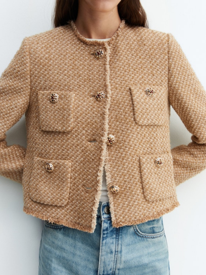 Round Neck Single-breasted Tweed Cardigan