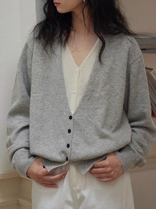 Andrea Classic V-Neck Faux Two-Piece Knitted Cardigan