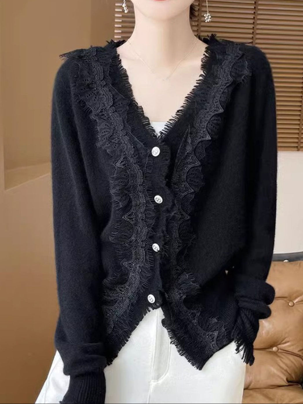 Emma Elegant V-Neck Lace Knitted Cardigan