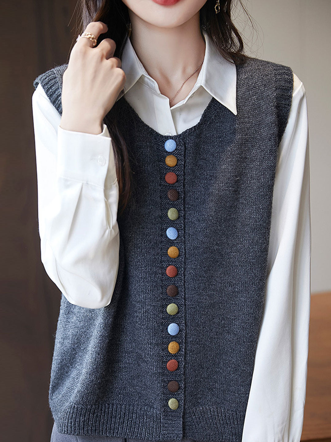 Sophia Vintage Crew Neck Knitted Vest-Black