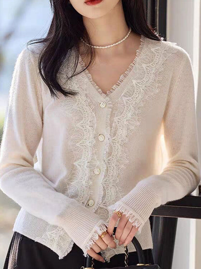 Emma Elegant V-Neck Lace Knitted Cardigan