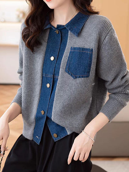 Eva Casual Lapel Patchwork Knitted Cardigan-Navy Blue