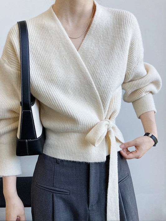 Emily Retro V-neck Knitted Cardigan-Gray