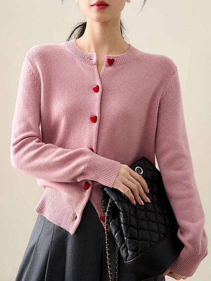 Raya Elegant Crew Neck Heart Button Knitted Cardigan-Navy Blue