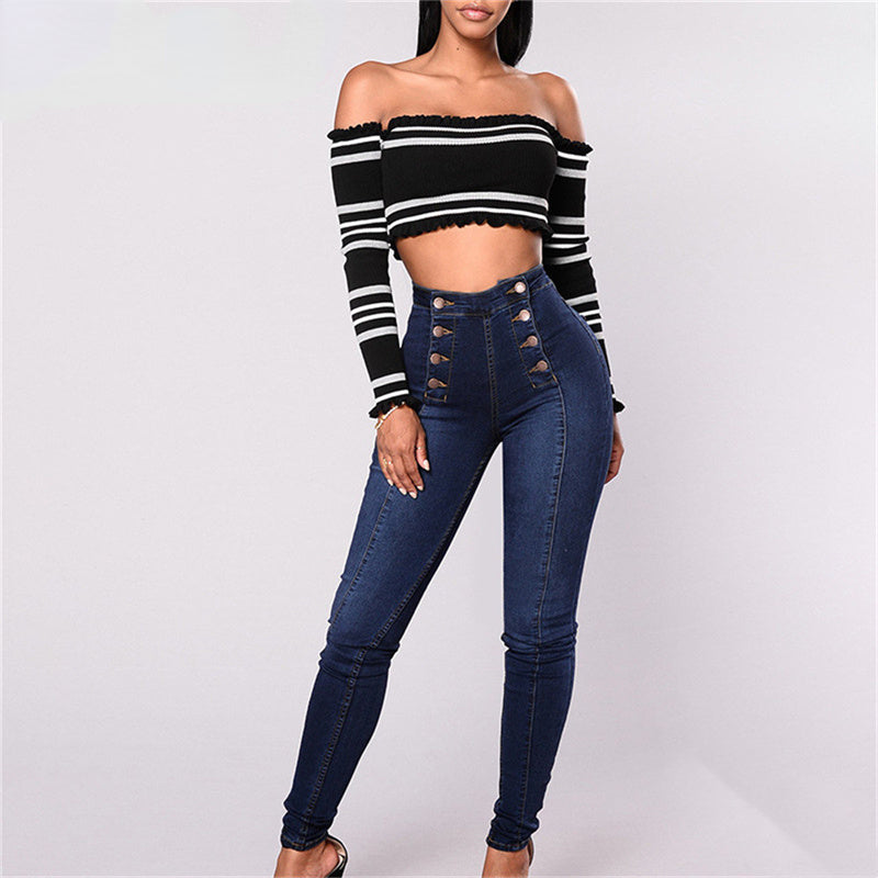 DressBetty - Vintage Skinny Double-Breasted High Waist Pencil Jeans Slim Fit Stretch Denim Pants Full Length Denim Tight