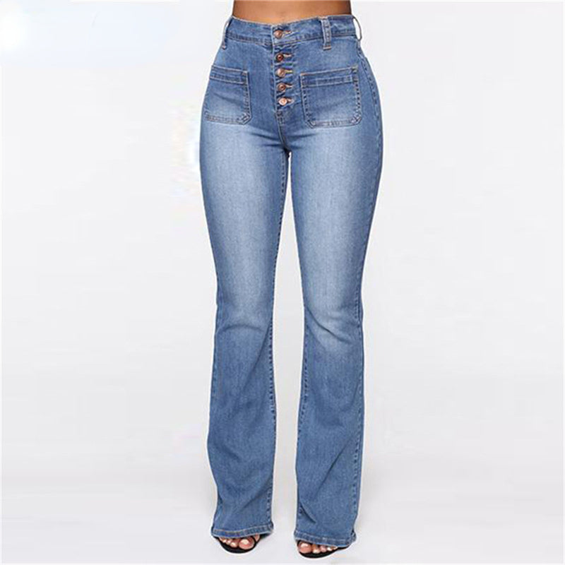 DressBetty - High Waist Elastic Jeans Women Button Washed Denim Pants Femme Pocke