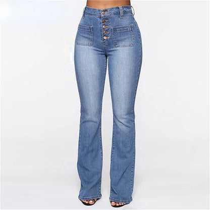 DressBetty - High Waist Elastic Jeans Women Button Washed Denim Pants Femme Pocke