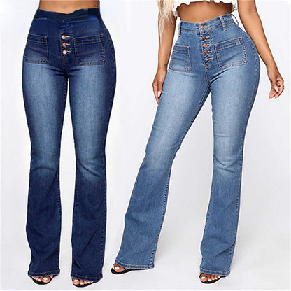 DressBetty - High Waist Elastic Jeans Women Button Washed Denim Pants Femme Pocke
