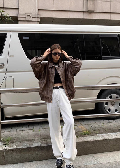 Nova Oversized Faux Leather Jacket – Vintage Brown Streetwear Fit