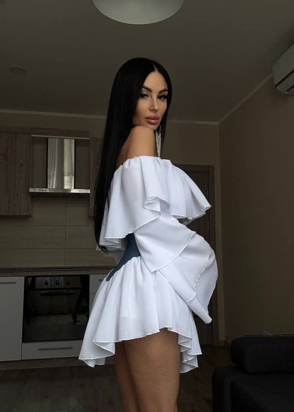 Celestina – Off-Shoulder Ruffle Sleeve Two-Tone Mini Dress