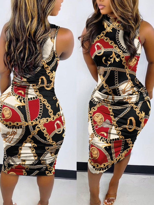 Printed Slim Fit Pullover Midi Dress