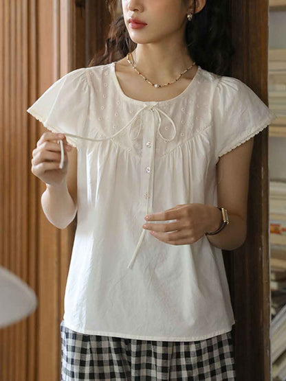 Rachel Retro Crew Neck Bow Tie Embroidered Shirt