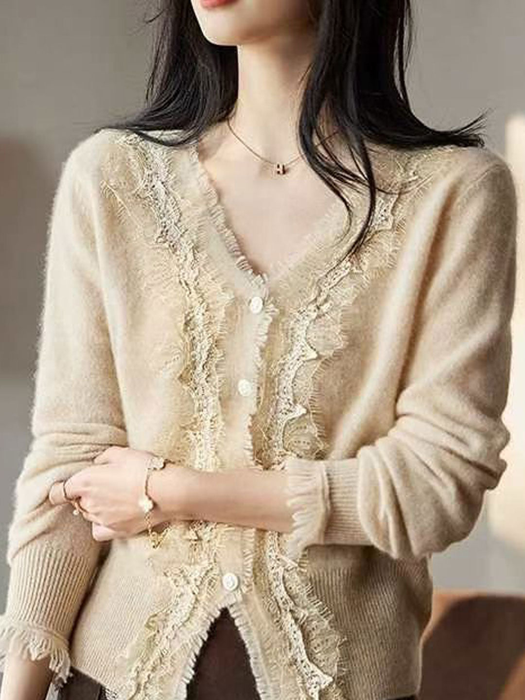 Emma Elegant V-Neck Lace Knitted Cardigan