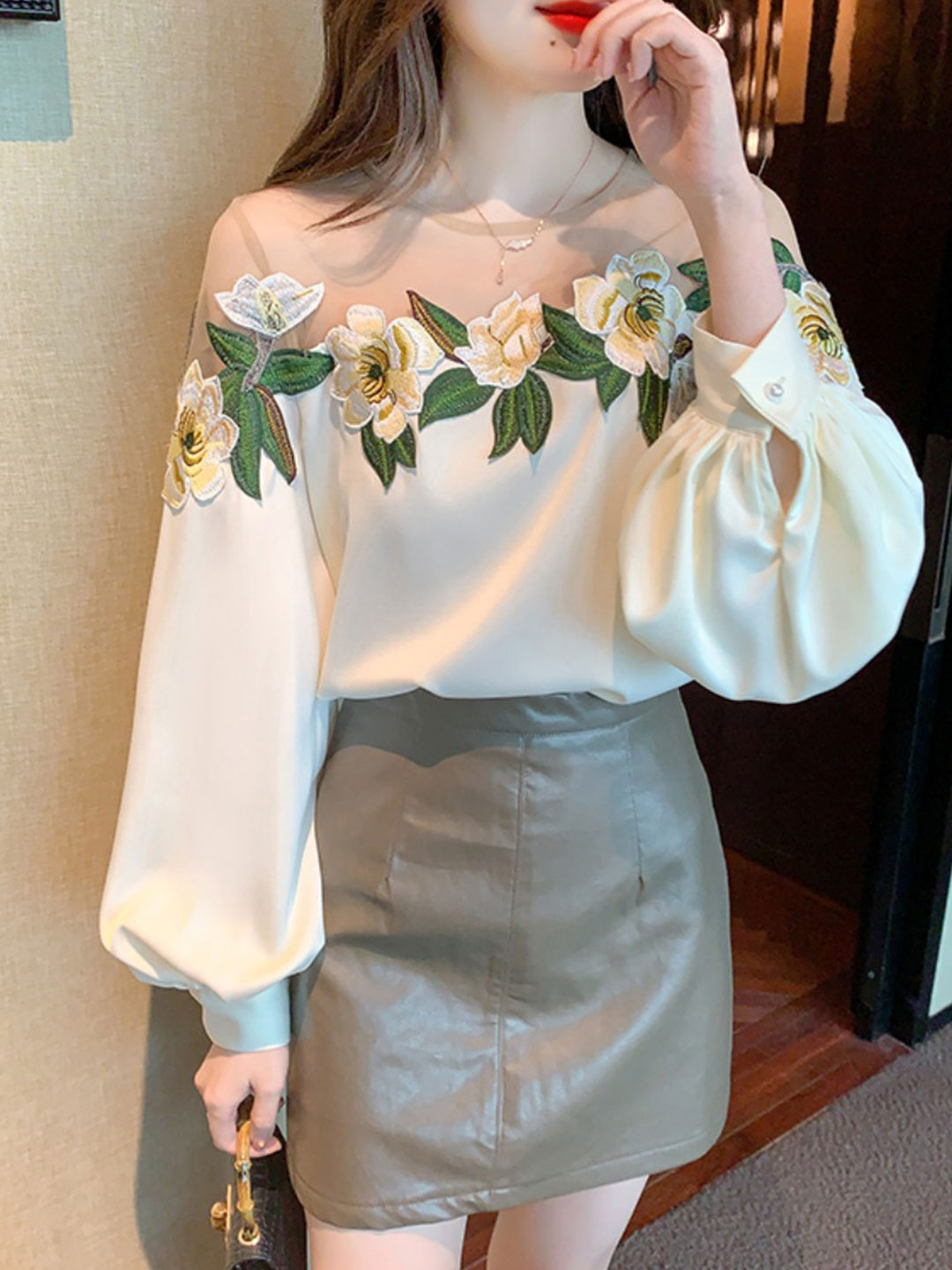 Gianna Elegant Embroidered Mesh Blouse