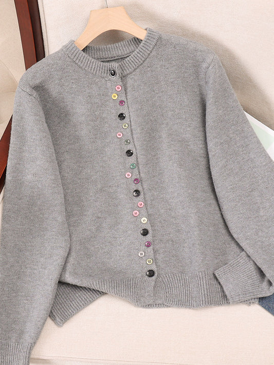 Aaliyah Classic Crew Neck Buttoned Knitted Cardigan-Red