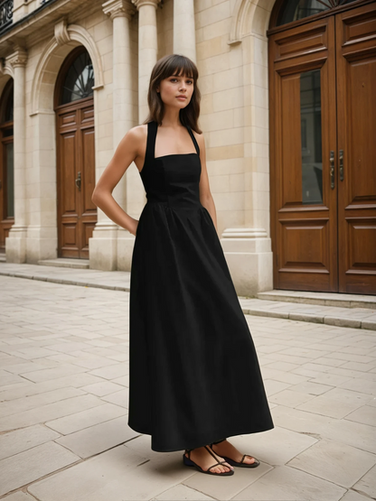 Simple and Chic Cotton & Linen Halter A Line Long Dress