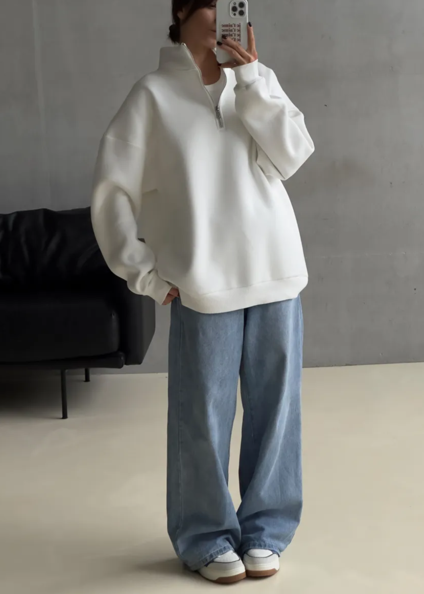 Ivory Drift - Oversized Half-Zip Fleece Pullover with Tall Collar