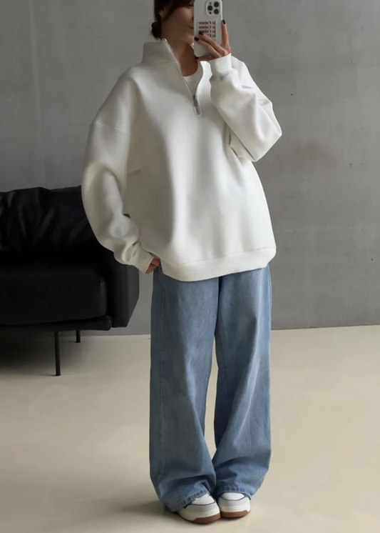 Ivory Drift - Oversized Half-Zip Fleece Pullover with Tall Collar