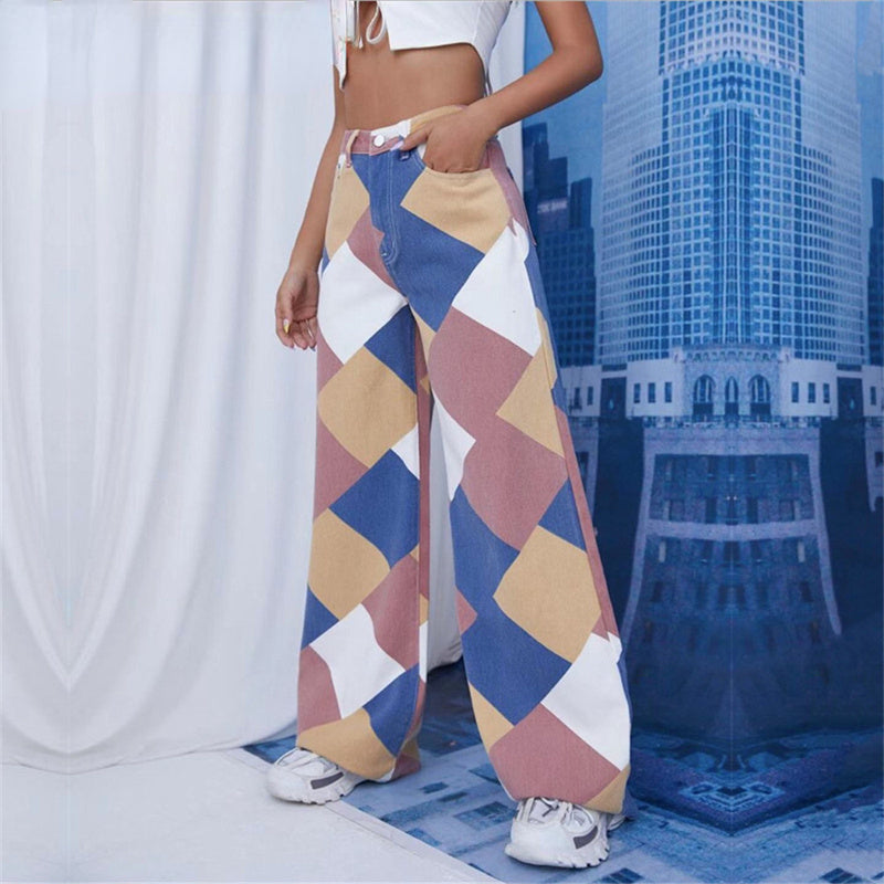 DressBetty - Stitching Box Contrast Color Casual High Waisted Big Straight Leg Printing Denim