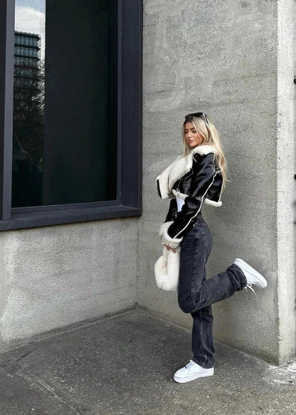 Luxe Sherpa Trim Leather Jacket - Short ZippeRed Style