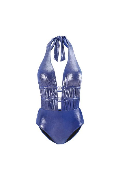Glossy Mist Deep V Halter Pearl Swimsuit