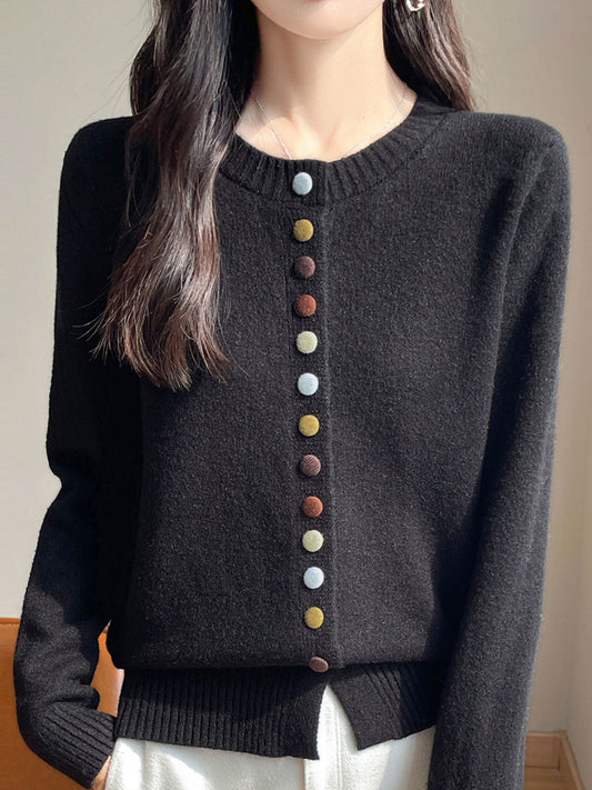 Sophia Classic Crew Neck Colorful Button Knitted Cardigan-Red