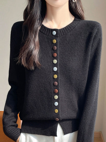 Sophia Classic Crew Neck Colorful Button Knitted Cardigan-Apricot