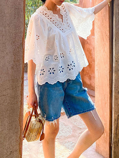 Aaliyah Loose V-Neck Embroidered Hollowed Blouse