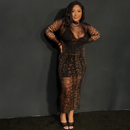 Mesh Leopard See Through Midi Dress