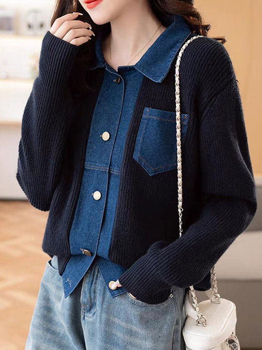 Eva Casual Lapel Patchwork Knitted Cardigan-Navy Blue