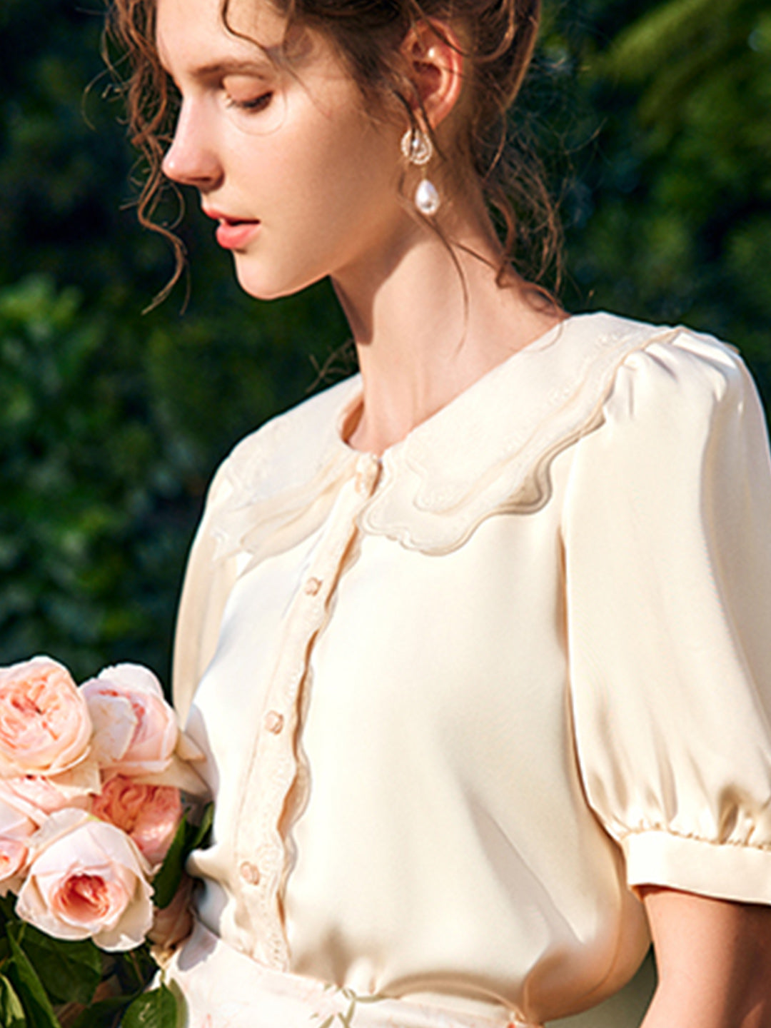 Samantha French Doll Collar Puff Sleeve Satin Shirt