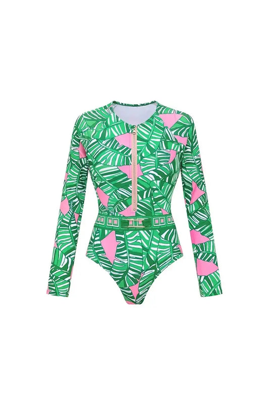 Green Zip Long Sleeve Printed Surf Swimsuit Set