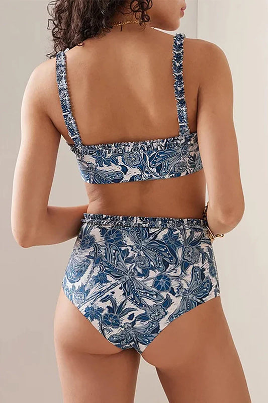 Blue Dragonfly Print Ruffle Bikini Set