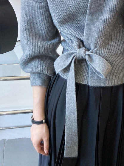 Emily Retro V-neck Knitted Cardigan-Gray
