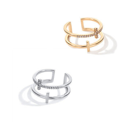 Dual Cross Zircon Ring - Minimalist Copper Band