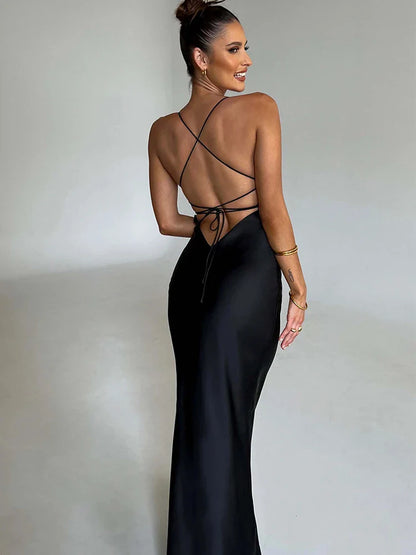 Satin Backless Lace Up Mermaid Silk Dress